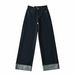 Women's Retro Mid-Rise Wide-Leg Jeans - Vintage Straight Denim Pants With Cuffed Hem, Black/Light Blue/White/Raw Denim (Xs/S/M/L)_mkmklike.com