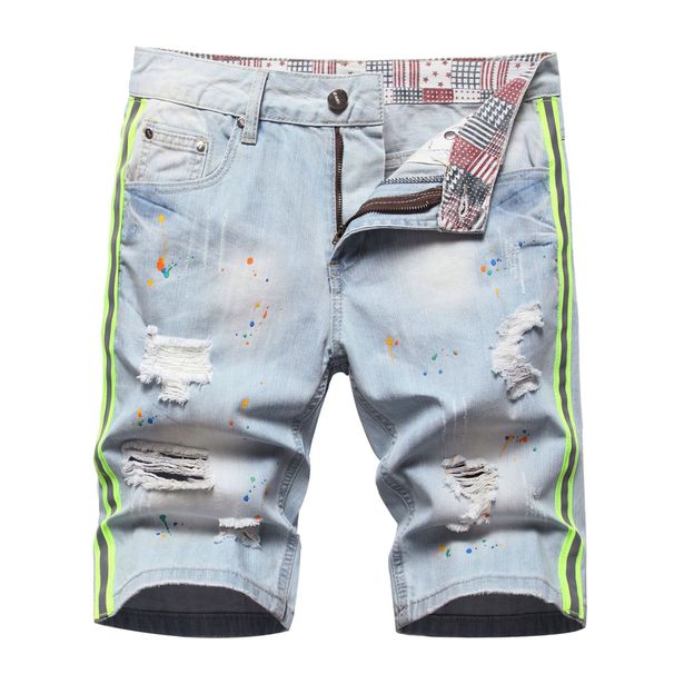 Reflective Strip & Hand-Painted Denim Shorts – Edgy Streetwear Cargo Shorts For Men (Unisex Fit)_mkmklike.com