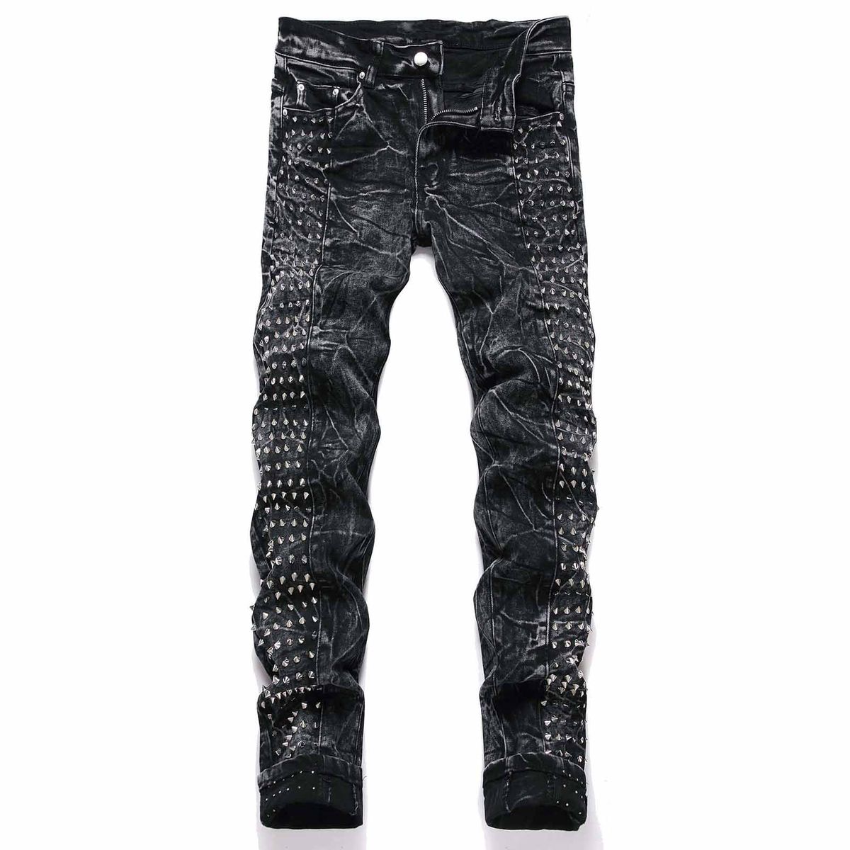 Vintage Punk High Street Fashion Black Slim Fit Distressed Studded Men's Jeans_mkmklike.com