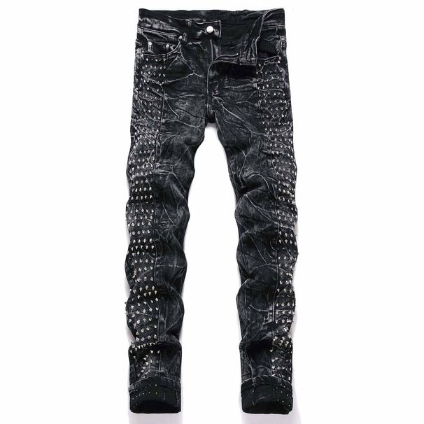 Vintage Punk High Street Fashion Black Slim Fit Distressed Studded Men's Jeans_mkmklike.com