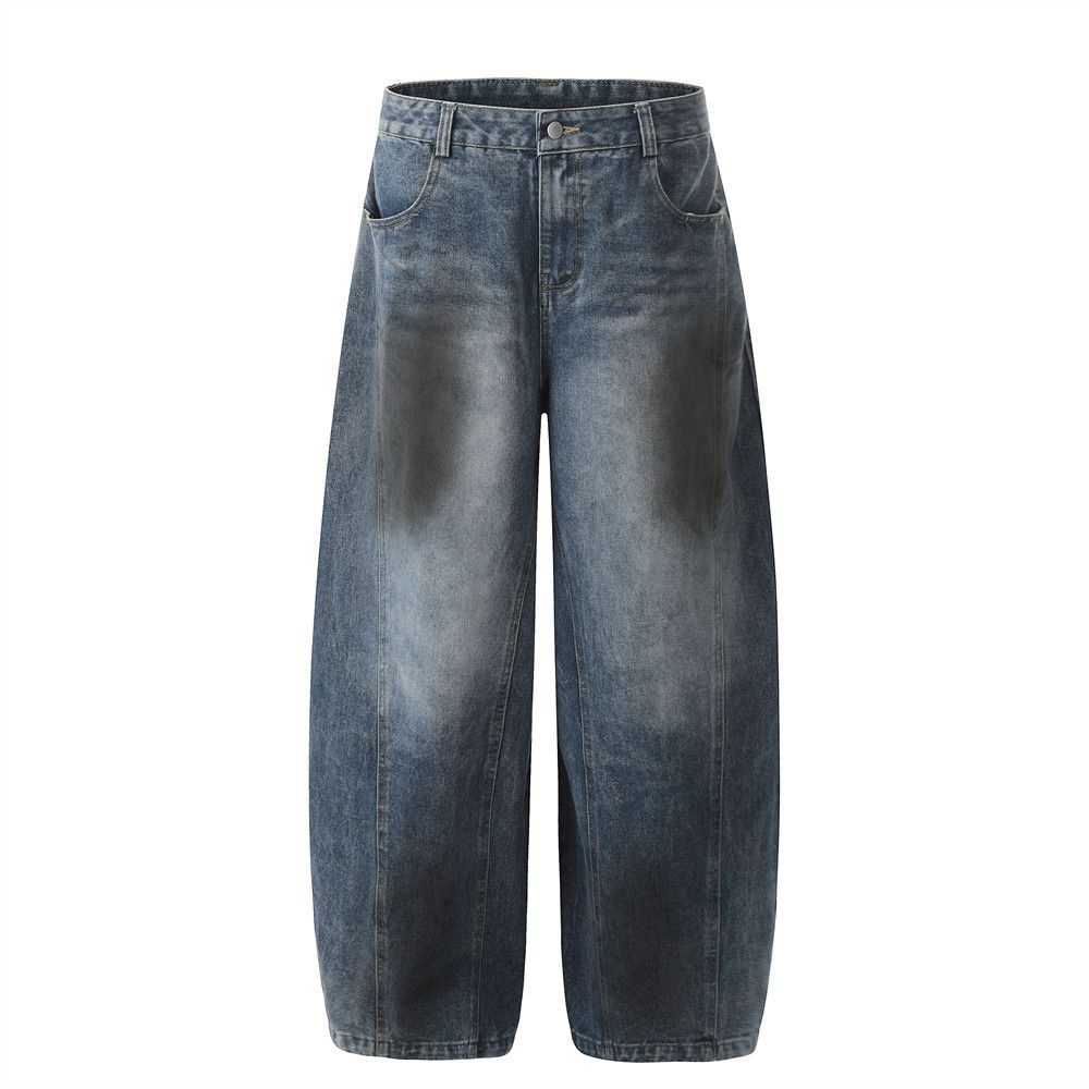 Style Color-Block Scimitar Jeans For Men Loose American Street Fashion Vibe Washed Versatile Wide-Leg Long Pants_mkmklike.com