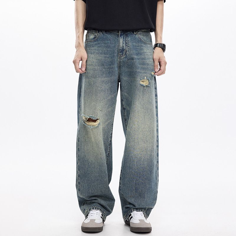 Men's Clothing Fashion Retro Washed Ripped Jeans Wide Leg Loose Casual Floor Mopping Trousers_mkmklike.com