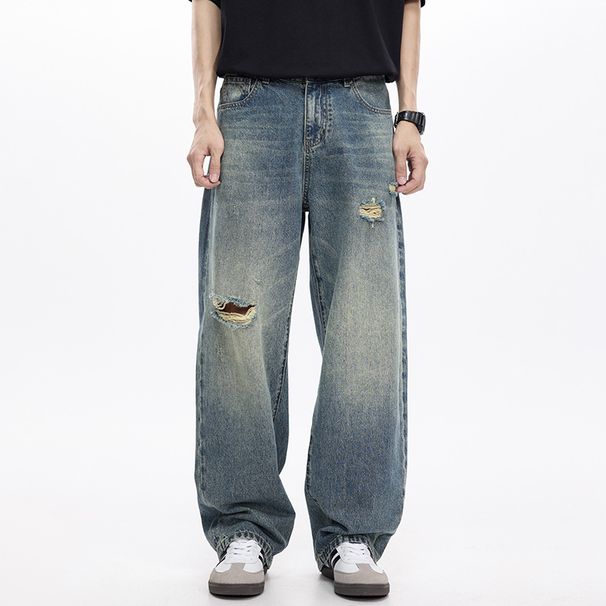 Men's Clothing Fashion Retro Washed Ripped Jeans Wide Leg Loose Casual Floor Mopping Trousers_mkmklike.com