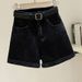 Women's Black Gray Denim Shorts Summer Thin Ins Korean Style Slimming Casual Rolled Hem A-Line Wide Leg Hot Pants_mkmklike.com
