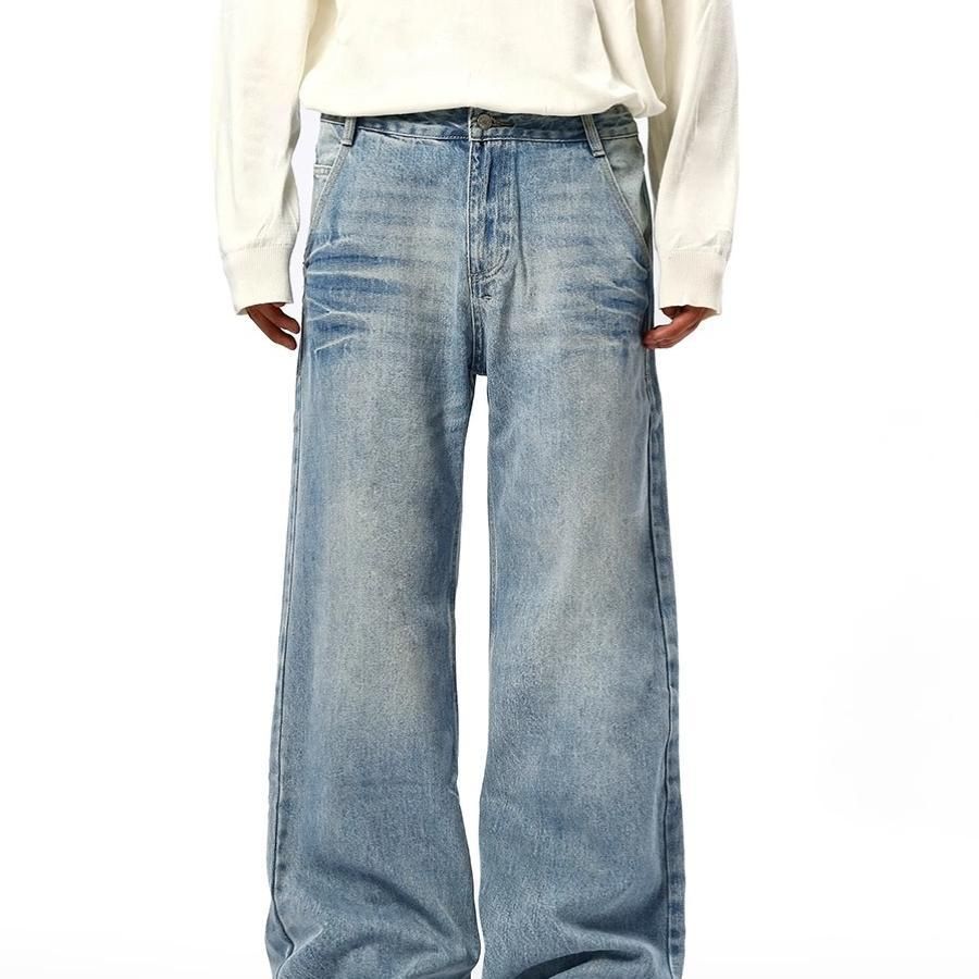 Lightning Crack Wash Jeans – Vintage High-Street Denim With Button Fly (Men’s, Blue, Straight Fit)_mkmklike.com