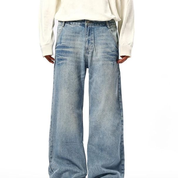 Lightning Crack Wash Jeans – Vintage High-Street Denim With Button Fly (Men’s, Blue, Straight Fit)_mkmklike.com