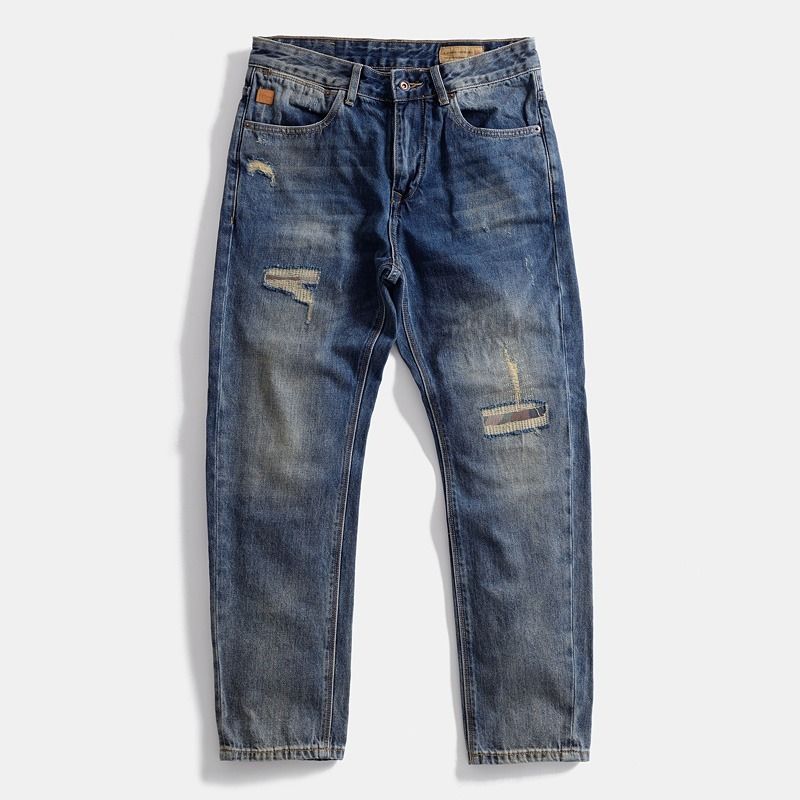 Men's Vintage Distressed Cotton Jeans Loose Straight Leg Casual Workwear Autumn Trousers Washed Patched Denim_mkmklike.com