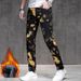 Trendy Brand Gold Print Jeans Men, Personalized Slim Fit Skinny Pants, Street Style Youth Casual Stretch Fleece-Lined_mkmklike.com