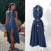 Women's Clothing Retro Lapel Hollow Waist Exposed Waist Slimming Sleeveless Single Breasted A Line Slit Denim Dress Casual Long Skirt_mkmklike.com