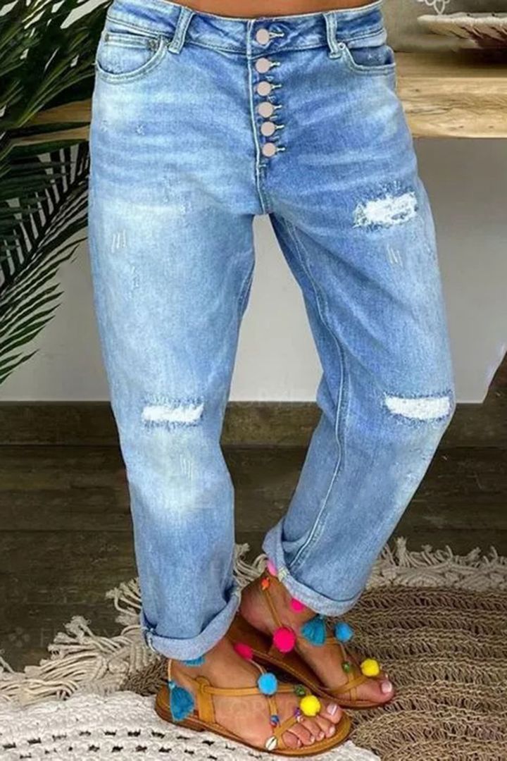 Women's Clothing Straight Button Stitching Ripped Jeans For Women_mkmklike.com