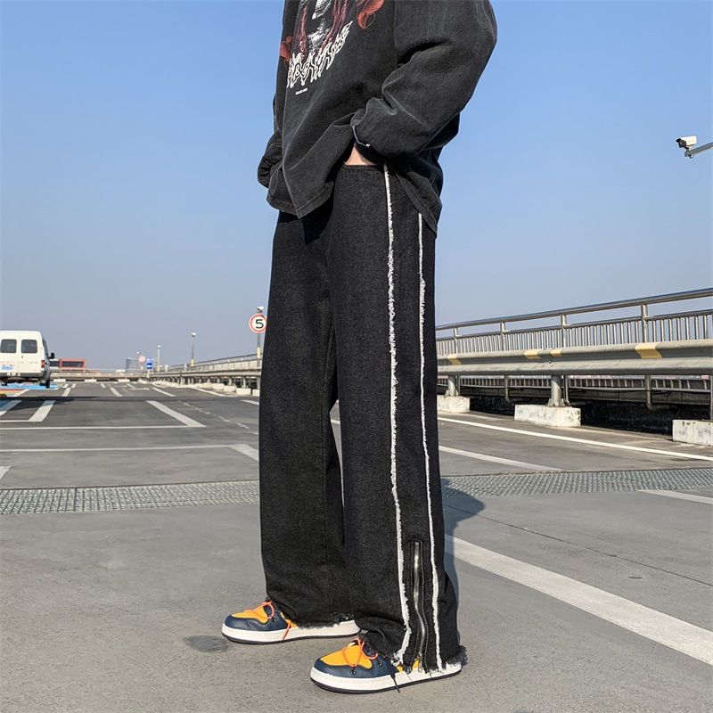 Men's Distressed Zip-Up Denim Jeans - High Street Ins Style Black Ripped Jeans With Raw Hem & Casual Loose Fit_mkmklike.com
