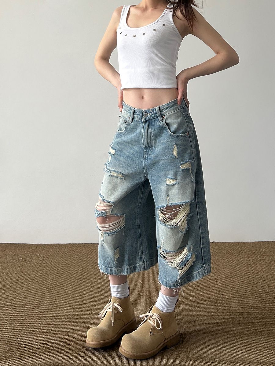 Vintage Washed Distressed Denim Capri Pants – Unisex Retro Ripped Knee & Cat Whisker Jeans (Blue, S-XXXL, Streetwear, Hip Hop Style, Comfort Fit)_mkmklike.com