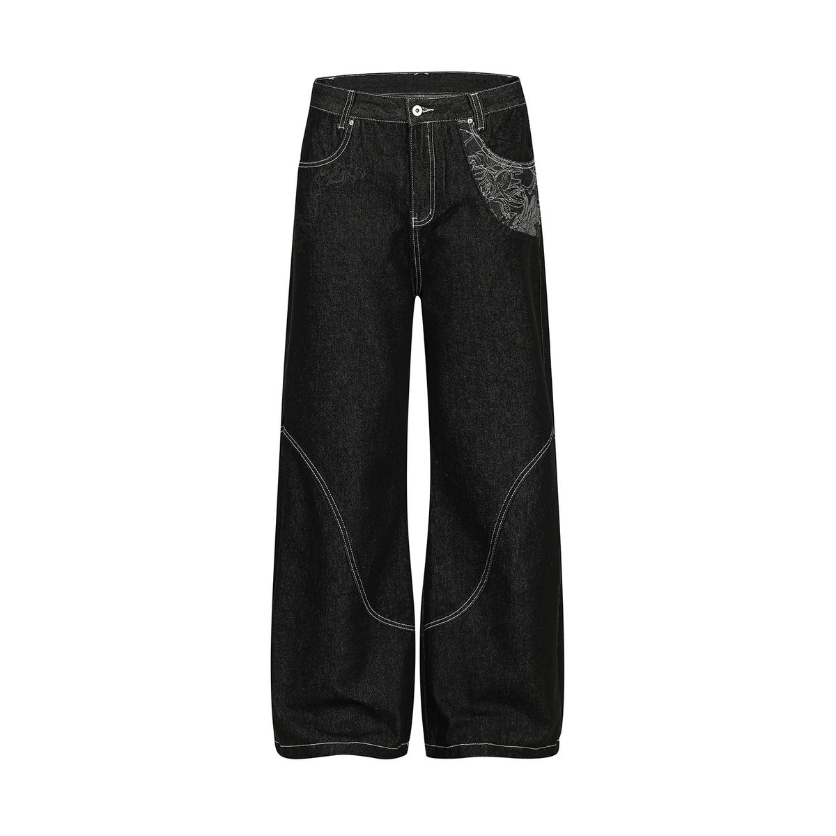 Men's Loose Fit Straight Leg Jeans - American High Street Style With Vintage Deconstructed Embroidery Design, Black Denim For Casual Wear_mkmklike.com