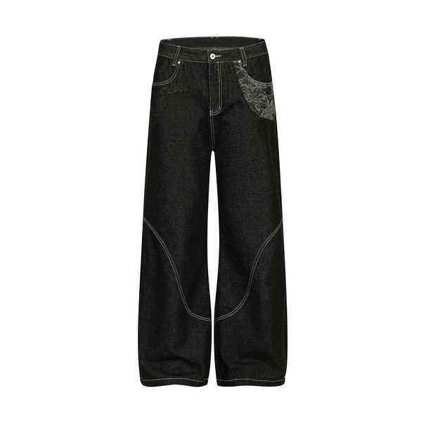 Men's Loose Fit Straight Leg Jeans - American High Street Style With Vintage Deconstructed Embroidery Design, Black Denim For Casual Wear_mkmklike.com