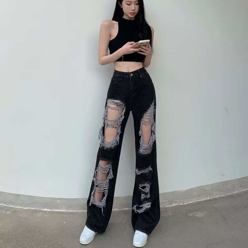 Hong Kong Style Distressed Jeans For Women Summer Straight Wide-Leg Floor-Length Loose Slimming Trendy Pants Ins_mkmklike.com