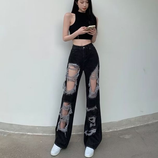 Hong Kong Style Distressed Jeans For Women Summer Straight Wide-Leg Floor-Length Loose Slimming Trendy Pants Ins_mkmklike.com