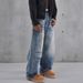 Men's Classic Blue Washed Straight Leg Jeans - Vintage Denim Pants With Hand-Painted Details Relaxed Straight Fit_mkmklike.com