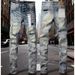 Unisex Y2K Stacked Flared Jeans, Light Blue Mud Fade, White Splatter & Multi-Layer Frayed Rips, Breathable Summer_mkmklike.com