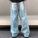 Light Blue Denim Jeans For Men Retro Washed Distressed Straight Leg Loose Wide Leg_mkmklike.com