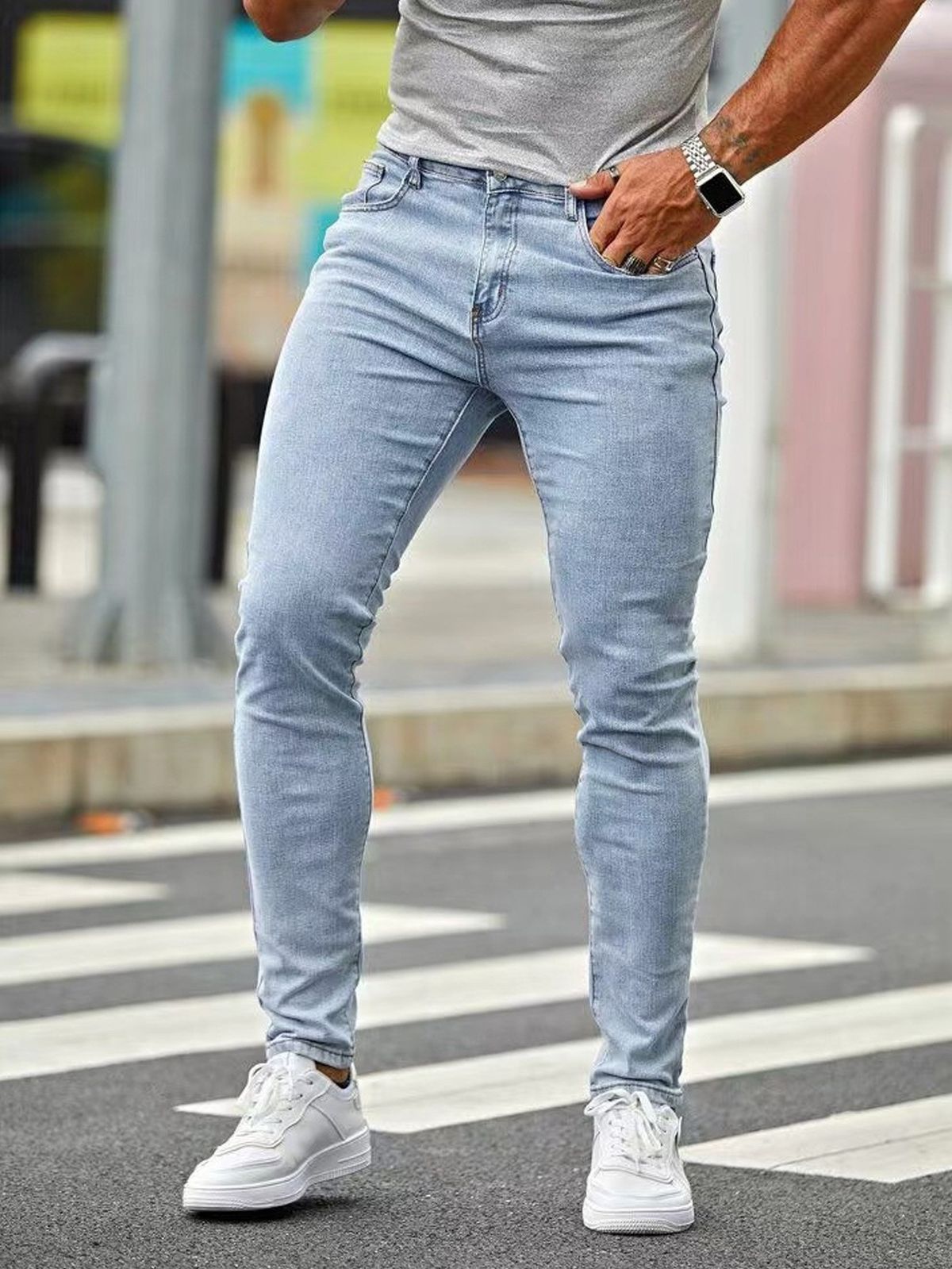 Men's Slim Fit Stretch Jeans - Lightweight Summer Denim Pants With Comfortable Elastic Waist For Casual Wear (Light Blue, S-XXL)_mkmklike.com