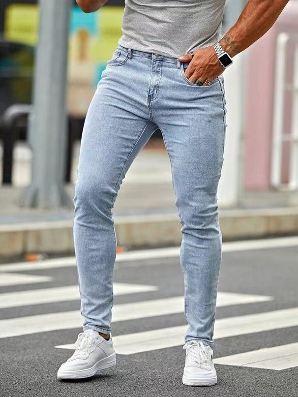 Men's Slim Fit Stretch Jeans - Lightweight Summer Denim Pants With Comfortable Elastic Waist For Casual Wear (Light Blue, S-XXL)_mkmklike.com