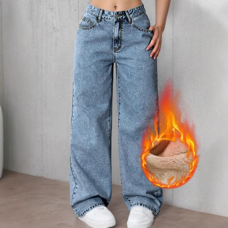 Women's Flared Fleece-Lined Jeans - High Waist Loose Wide Leg Winter Pants, Sweet & Spicy Style, Mid Blue Wash, Plus Size Available (XS-XXL)_mkmklike.com