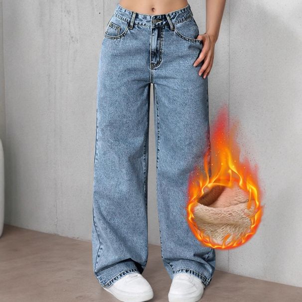 Women's Flared Fleece-Lined Jeans - High Waist Loose Wide Leg Winter Pants, Sweet & Spicy Style, Mid Blue Wash, Plus Size Available (XS-XXL)_mkmklike.com