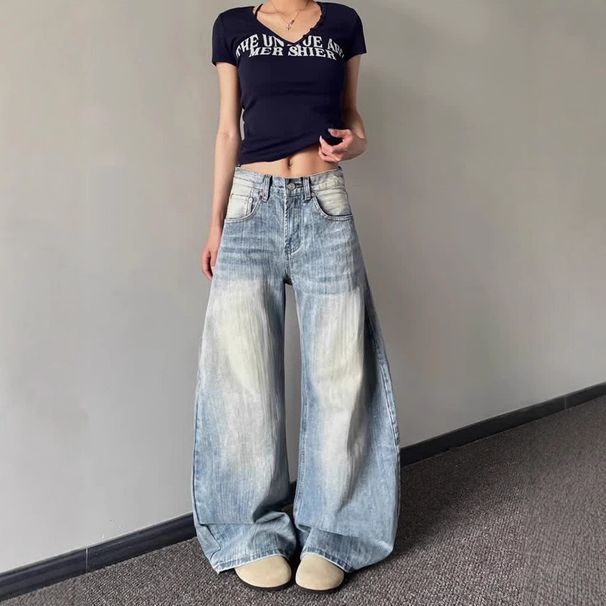 Men's Clothing Retro Distressed Scimitar Bamboo Pattern Washed Blue Jeans For Women Summer Casual Loose Wide Leg Trousers_mkmklike.com
