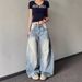 Men's Clothing Retro Distressed Scimitar Bamboo Pattern Washed Blue Jeans For Women Summer Casual Loose Wide Leg Trousers_mkmklike.com