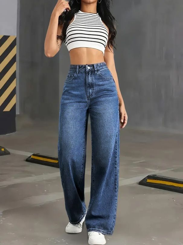 Stretchy High-Waisted Wide-Leg Jeans – Classic Washed Denim With Comfort Fit (Blue)_mkmklike.com