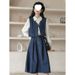 Chicco Autumn New Daily Commuting College Style Retro Denim Vest Shirt Half Skirt Three-piece Suit Dress_mkmklike.com
