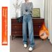 Women's Fleece-lined Wide-leg Jeans, Thickened Winter, Korean Style, High-waisted, Casual, Vintage Retro Blue, In Stock_mkmklike.com
