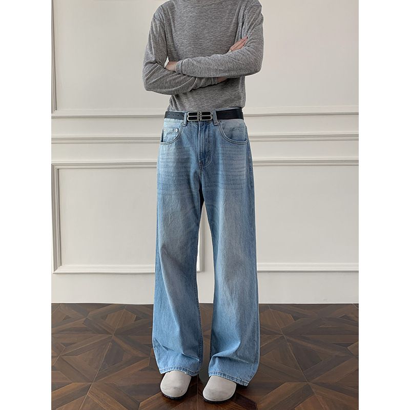 American-style Cleanfit Flared Jeans For Men, Spring Autumn, Washed And Distressed, Trendy, Plus-size, Loose_mkmklike.com
