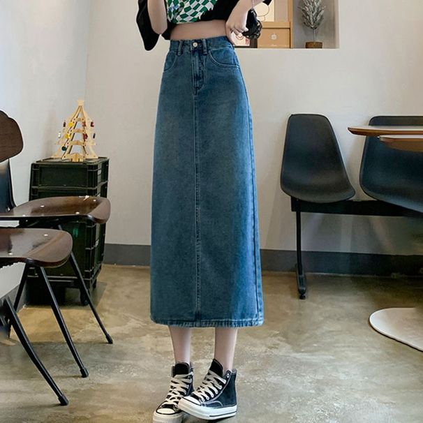 K Women's Mid Length Skirt With High Waist And Slimming A-line Skirt, New Denim Split Half Body Skirt_mkmklike.com