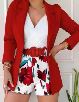 Women's Clothing casual printed shorts belt suit jacket suit two piece set_mkmklike.com