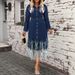 K Plus-size Women's Fashion Patchwork Denim Collarless Long-sleeved Fringed Midi Dress_mkmklike.com