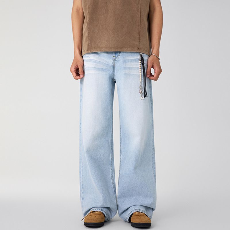 LKTM Men's Glacier Blue Straight Leg Jeans Summer Style Unisex Cleanfit Simple Couple Pants_mkmklike.com