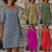 Women's cotton and linen small V-neck stitching retro solid color cropped sleeve dress women_mkmklike.com