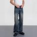"Vintage Washed Distressed Straight Leg Denim Jeans - Unisex Relaxed Wide Cut A-Line Pants With Battle Jeans Style For Men & Women"_mkmklike.com