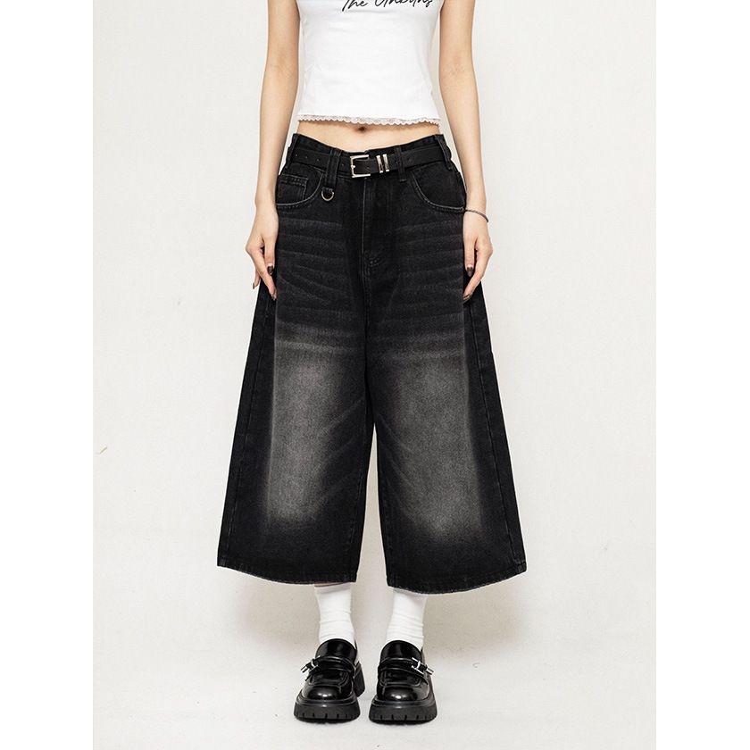 Retro High Street Washed Distressed Cropped Jeans Loose Casual Wide Leg Jeans for Men And Women New Summer Style_mkmklike.com