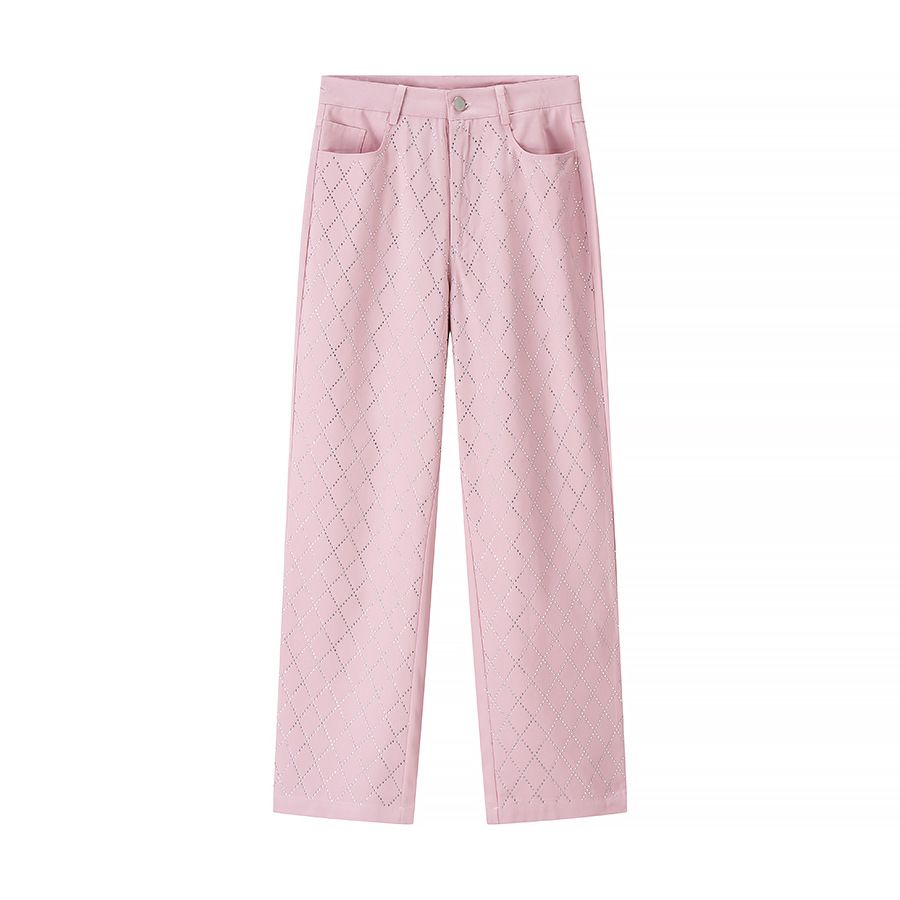 Summer Women's High Waist Straight Leg Pants With Rhinestone Decor - Trendy Streetwear Casual Trousers For Women, Pink (S/M/L)_mkmklike.com