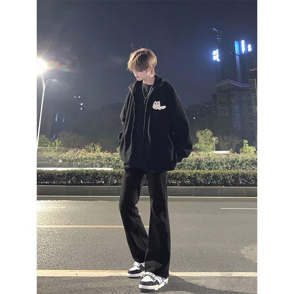 Men's Oversized Flowy High Street Style Vibe American Style Pure Black Straight Leg Jeans Sophisticated Casual Trousers_mkmklike.com