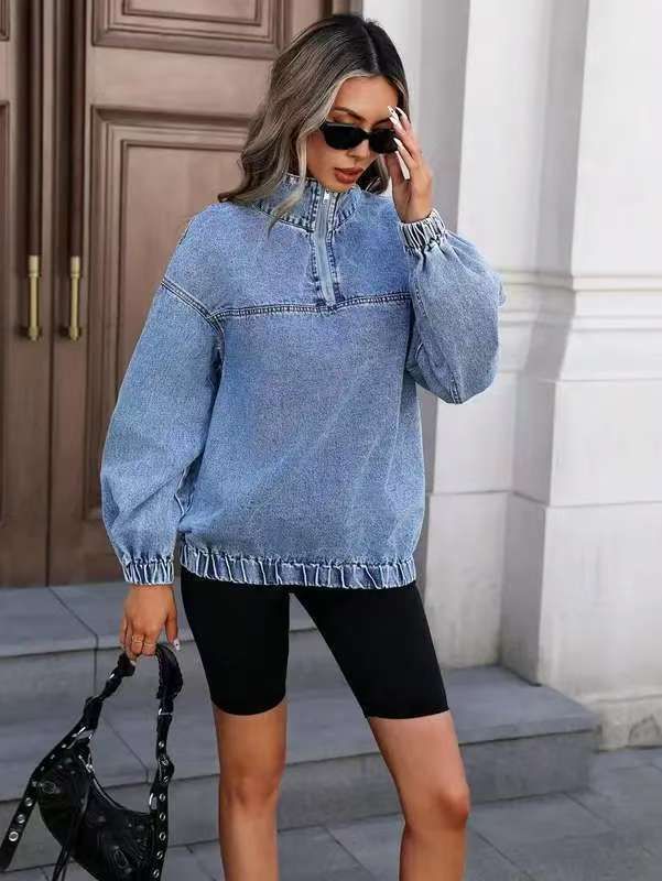 Women's Distressed Denim Jacket Relaxed Fit round Neck Zip up Casual Style for Everyday Wear_mkmklike.com