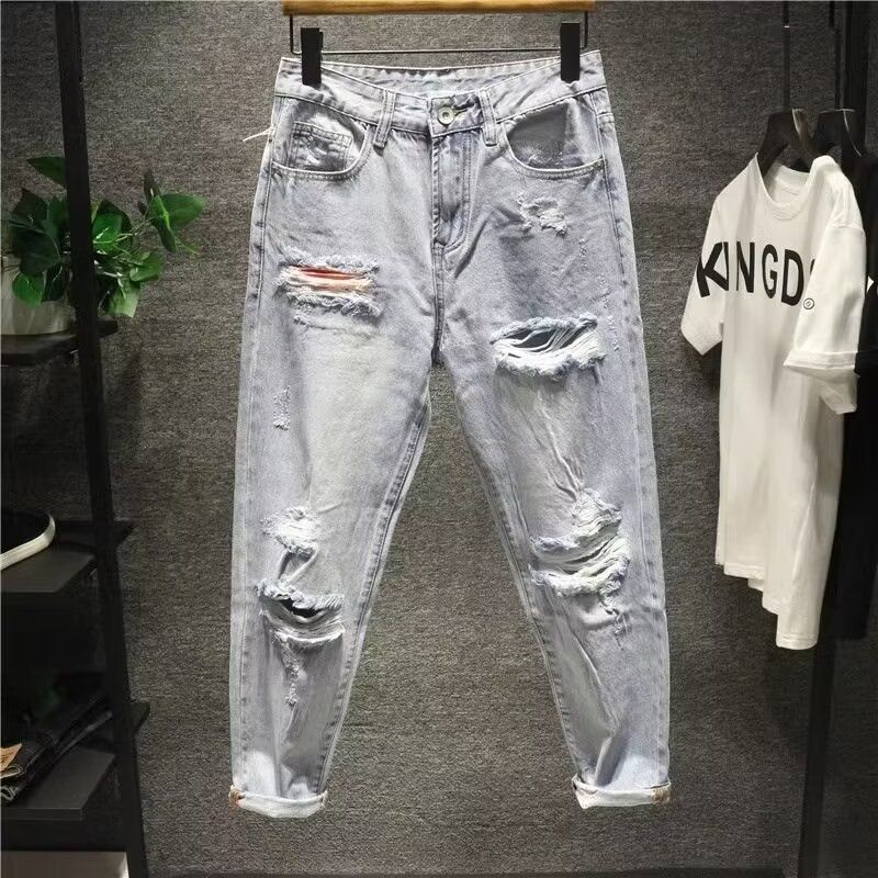 Men's Clothing Street Washed Distressed Ripped Jeans For Men Spring And Autumn Straight High Street Vibe Style Handsome Long Pants_mkmklike.com