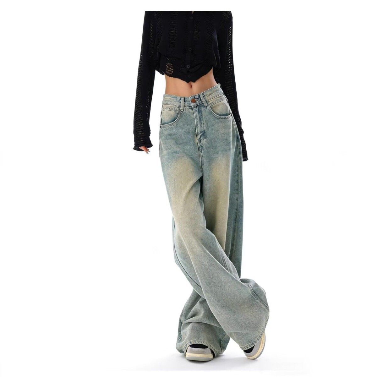 Retro Yellow Mud Straight Leg Jeans High Waist Loose Design Floor Length Wide Leg Pants for Women Summer 2026 New American Style_mkmklike.com