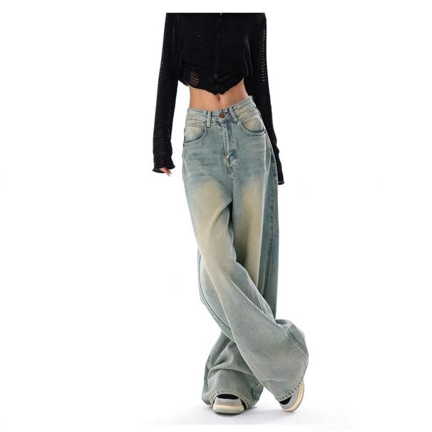 Retro Yellow Mud Straight Leg Jeans High Waist Loose Design Floor Length Wide Leg Pants for Women Summer 2026 New American Style_mkmklike.com