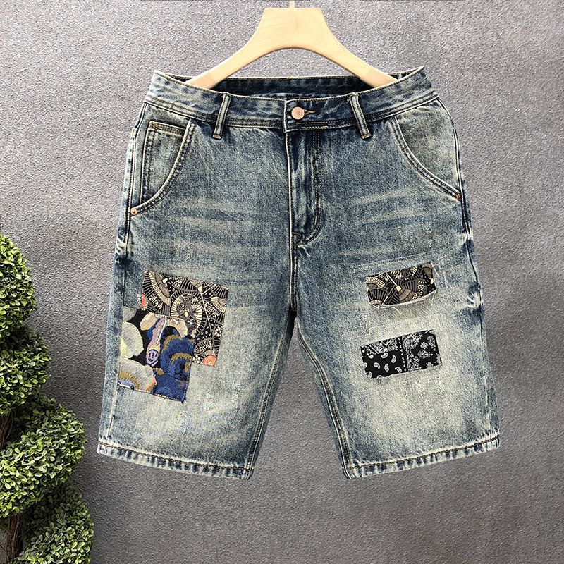 Men's Trendy Embroidered Ripped Denim Shorts Mid-Length Distressed Loose Fit Five Point Pants Plus Size Youth Riding Breeches_mkmklike.com