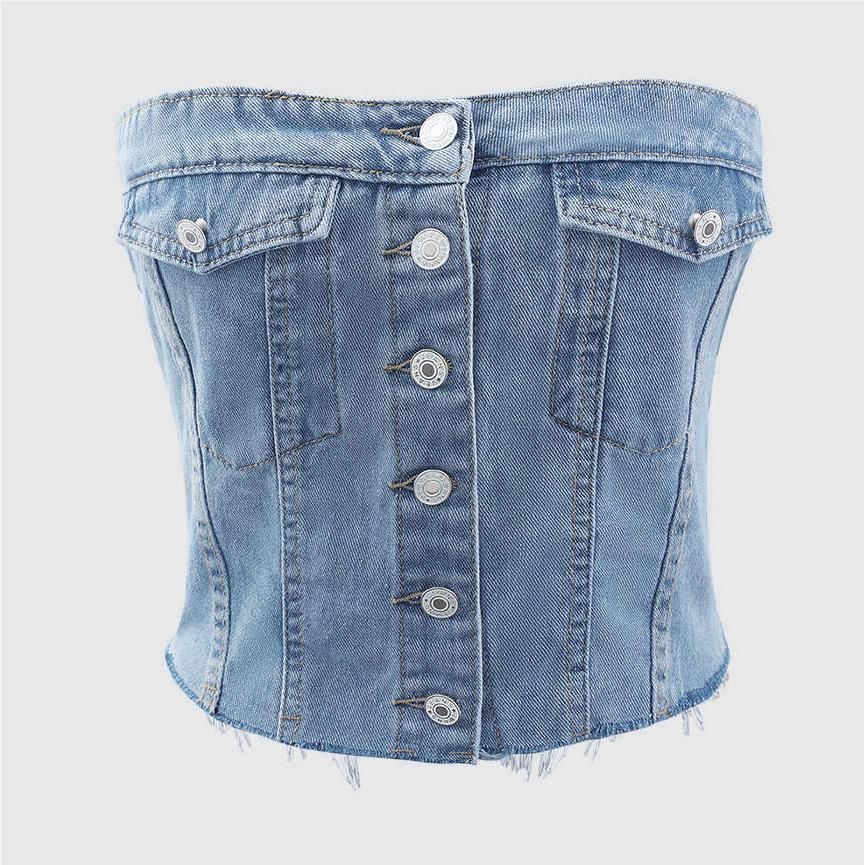 Women's Clothing Street Trend Denim Elastic Chest Button Top_mkmklike.com