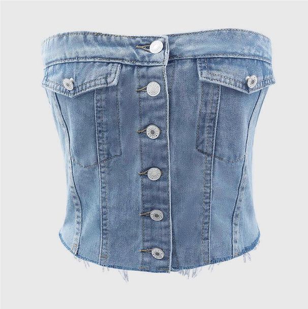 Women's Clothing Street Trend Denim Elastic Chest Button Top_mkmklike.com