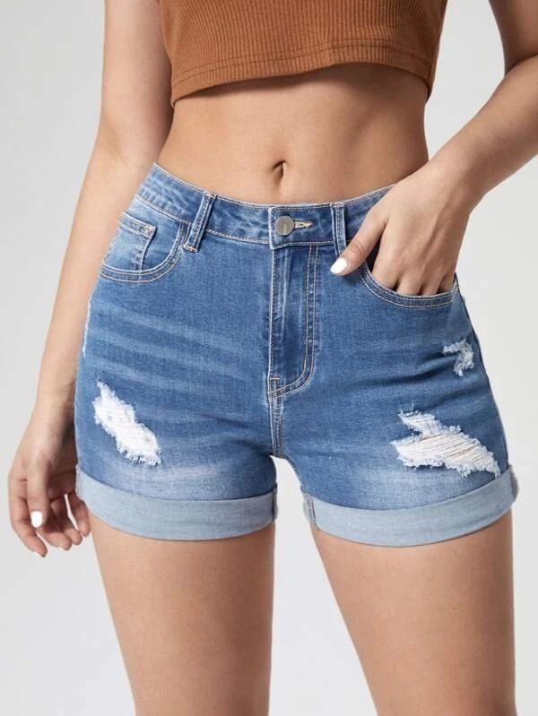 Women's Clothing High-Waisted Denim Shorts Ripped And Cuffed High Elastic Trendy Hot Pants European And American Style_mkmklike.com